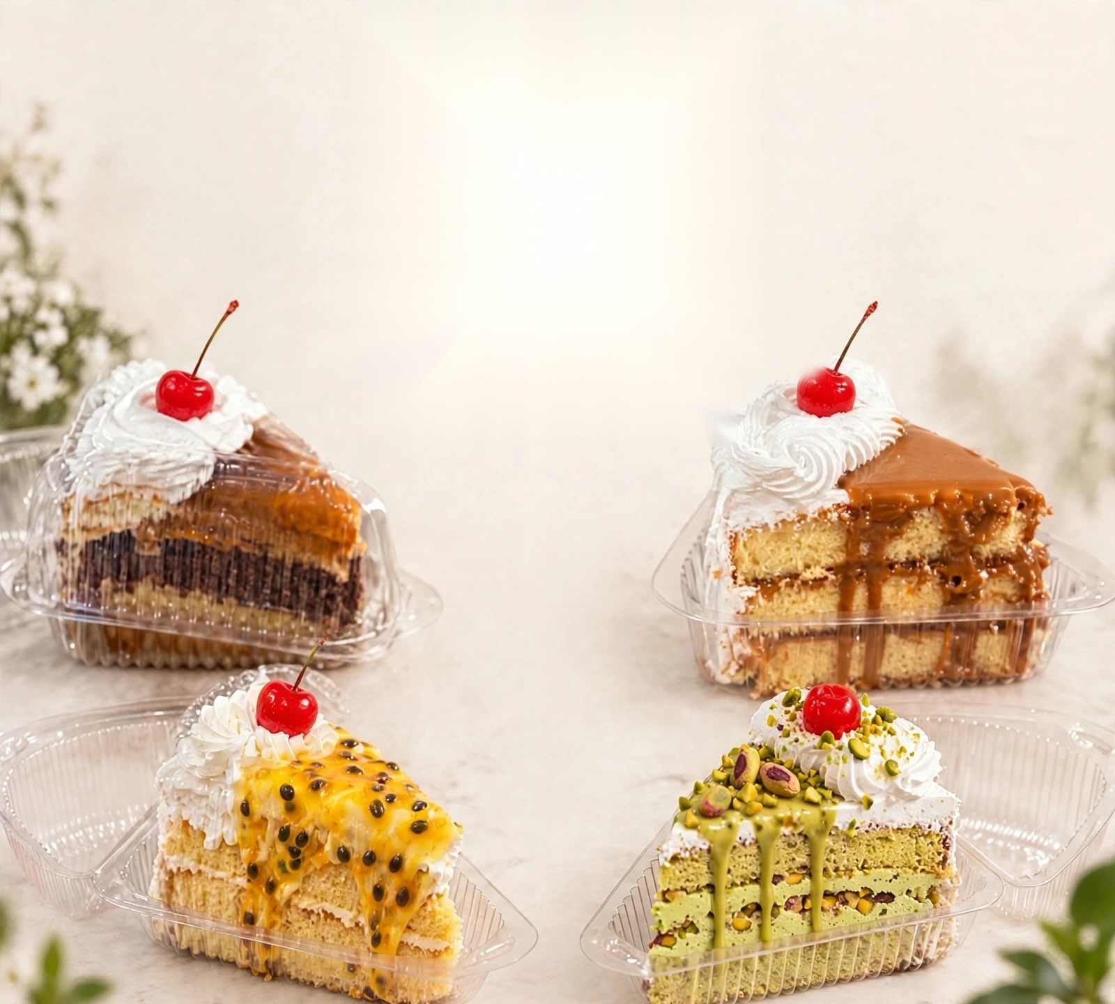Porciones de bizcocho dominicano: dulce de leche, chinola y pistacho con cereza